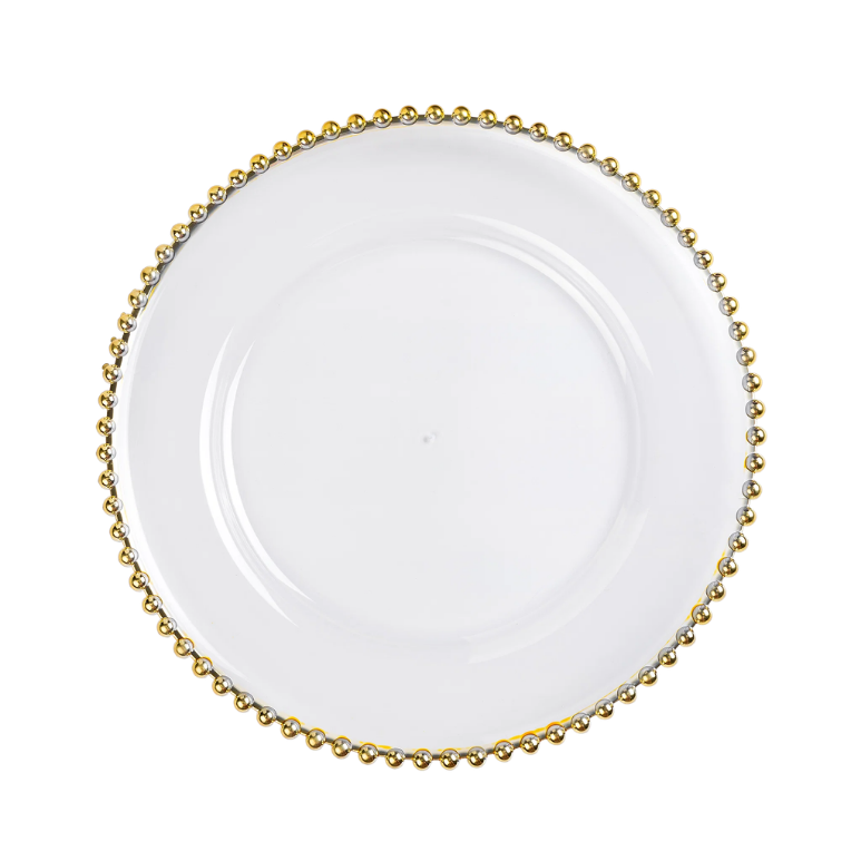 Gold beaded charger plate rental for elegant events in Broward County