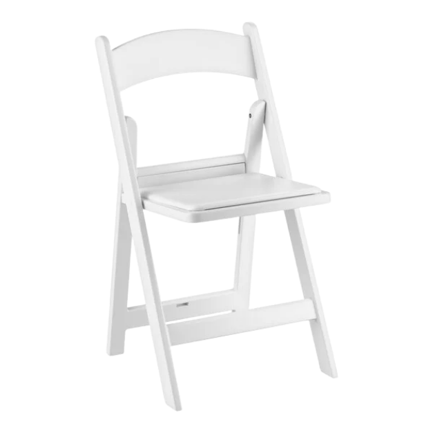 White resin folding chair rental for elegant event seating in South Florida